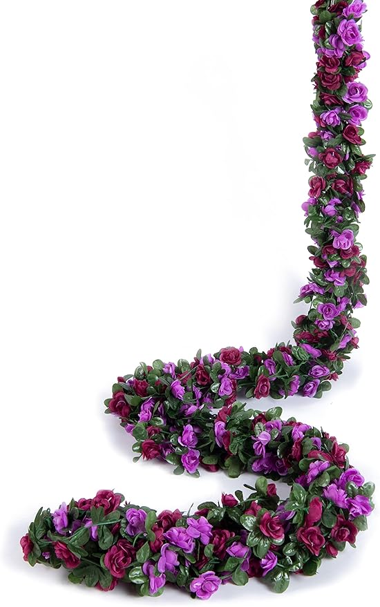 8 Pcs x 8.2 ft Flower Garland Artificial Rose Vine Flowers with Green Leaves Hanging Fake Roses Vine for Room Party Home Wedding Birthday Christmas Wall Arch Decor, Spring Purple Flower