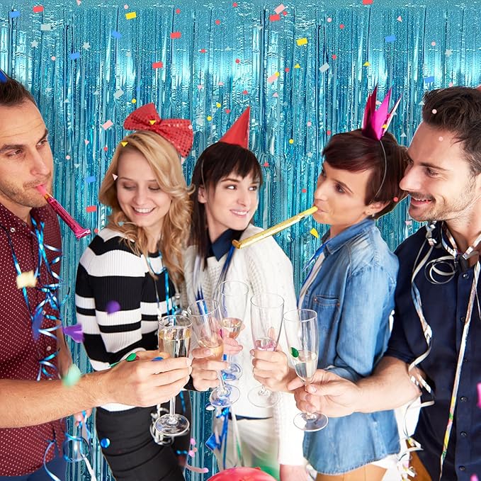 5 Pack Blue Tinsel Streamers Foil Fringe Curtains Backdrop for Baby Shower Graduation Gender Reveal Ocean Disco Theme Party Decorations