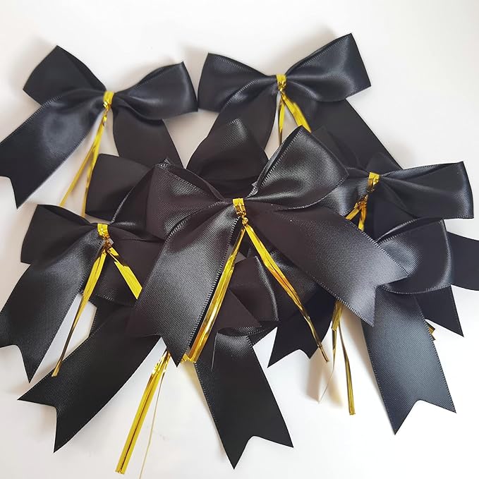 50pcs 3-1/2" Black Satin Ribbon Bows with Twist Ties Fish Tail Cutting Satin Bows(Black)