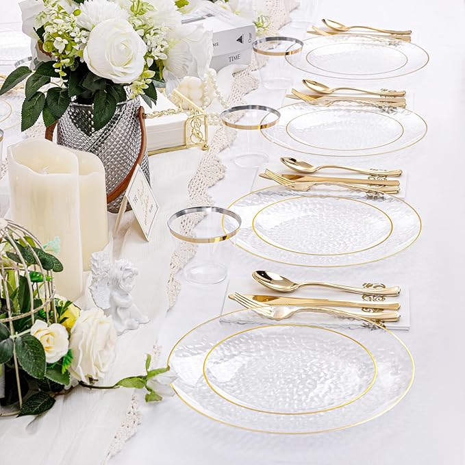 Rubtlamp 175 Pcs Plastic Dinnerware Set (25 Guests), Clear And Gold Plastic Plates, Hammered Party Plates Include Dinner Platos, Dessert Platos, Cups, Gold Cutlery Set And Napkins for Party