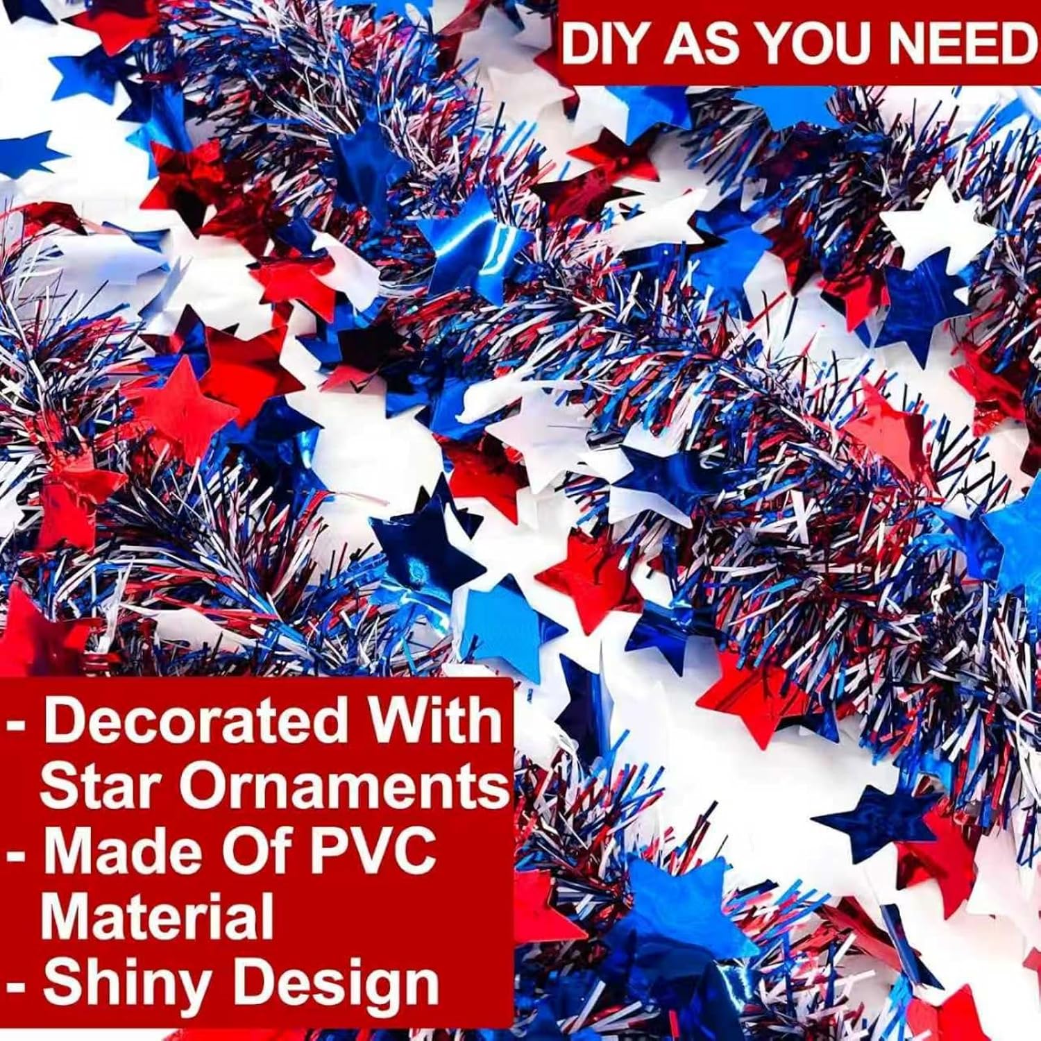 50 Ft Patriotic Star Garland, Red White Blue Metallic Tinsel with 5-Pointed Stars, 4th of July & America 250th Anniversary Decorations for Independence Day Party Mantle Porch Fireplace | Shiny Metallic Tinsel Star Garland