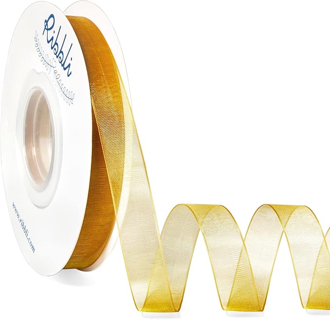 Ribbli Pale Gold Organza Ribbon,1/2 Inches x Continuous 50 Yard, Gold Sheer Ribbon for Gift Wrapping,Cookie Wrapping,Wedding Decoration,All Crafting and Sewing