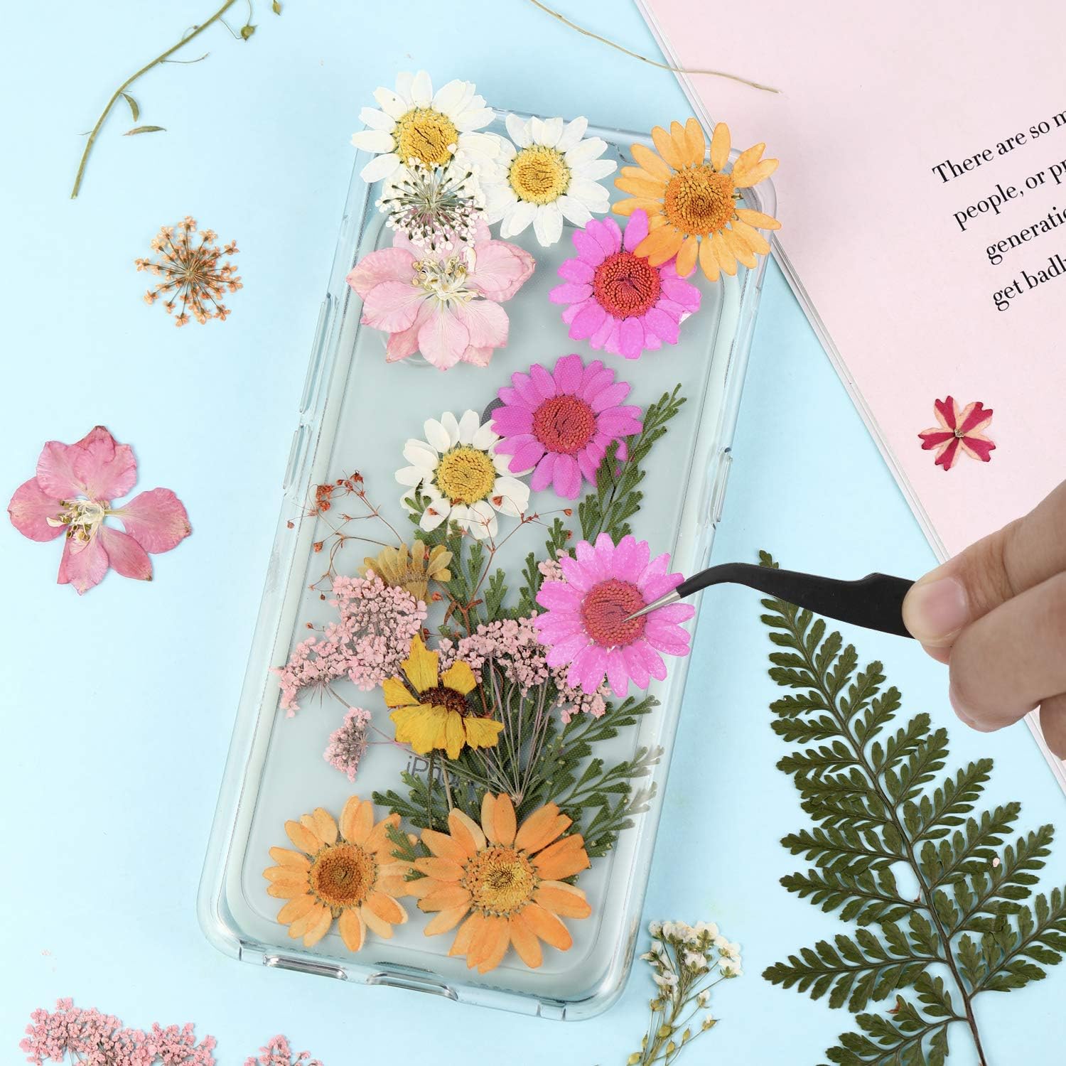 Nuanchu Dried Pressed Flowers for Craft Resin Real Flat Dried Flowers Leaves with Tweezer for Scrapbooking Silicone Epoxy Resin Molds Crafts Candle Soap Making Nails Bookmark Jewelry DIY Art Supply