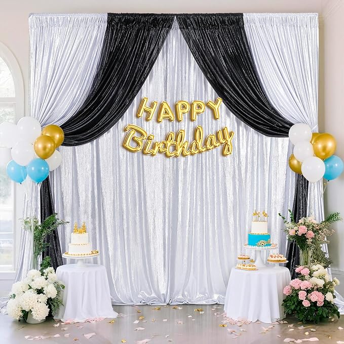 Silver Photo Backdrop 2 Panels 4.8x8FT Long Backdrop Drapes Curatin Glitter Sequin Background with Rod Pockets for Party Birthday Wedding Photography