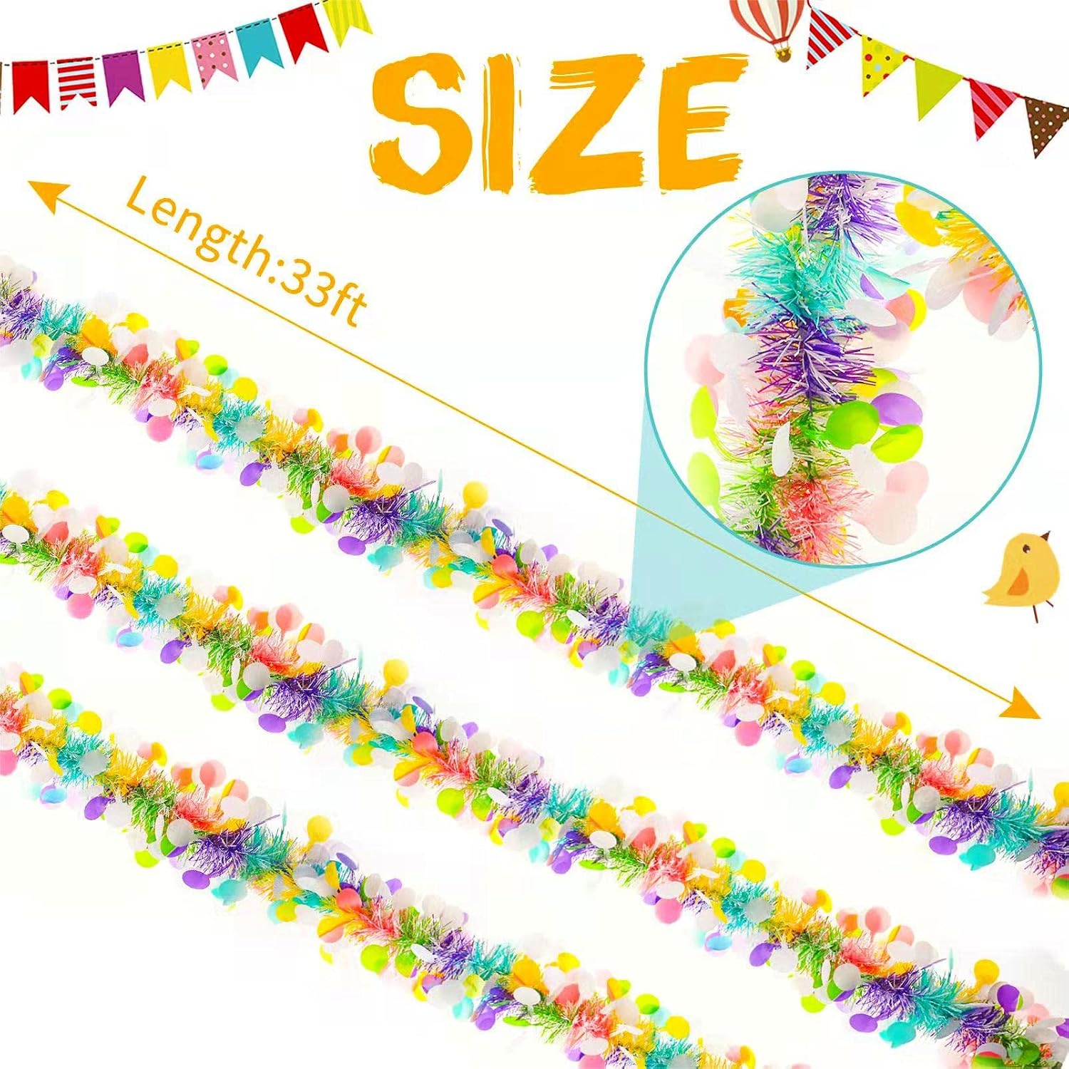 33ft Easter Tinsel Garland,Colorful Egg Tinsel Twist Garland with Confetti Spring Hanging Tinsel Ornament Decoration for Fireplace Mantel Tree Eatser Party Decoration
