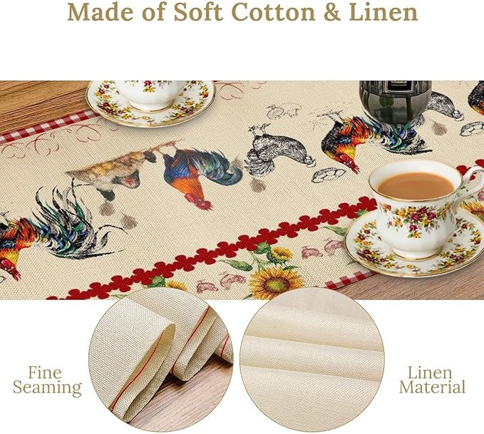 Rustic Rooster Table Runner,Vintage Country Farm Sunflower Chicken Red Plaid Print Tablecloth Burlap for Hotel Indoors Outdoor Dining Room Kitchen Home Decor,W13X L108 in
