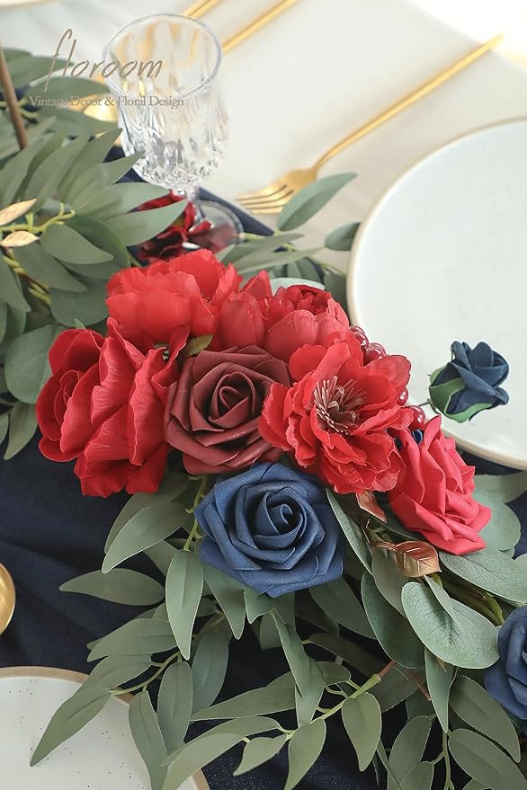 Floroom 6ft Artificial Eucalyptus Garland with Flowers Fake Greenery Faux Floral Vine Garland for Table Decor Wedding Centerpieces Bridal Shower Party Decorations, Dark Red Burgundy Navy