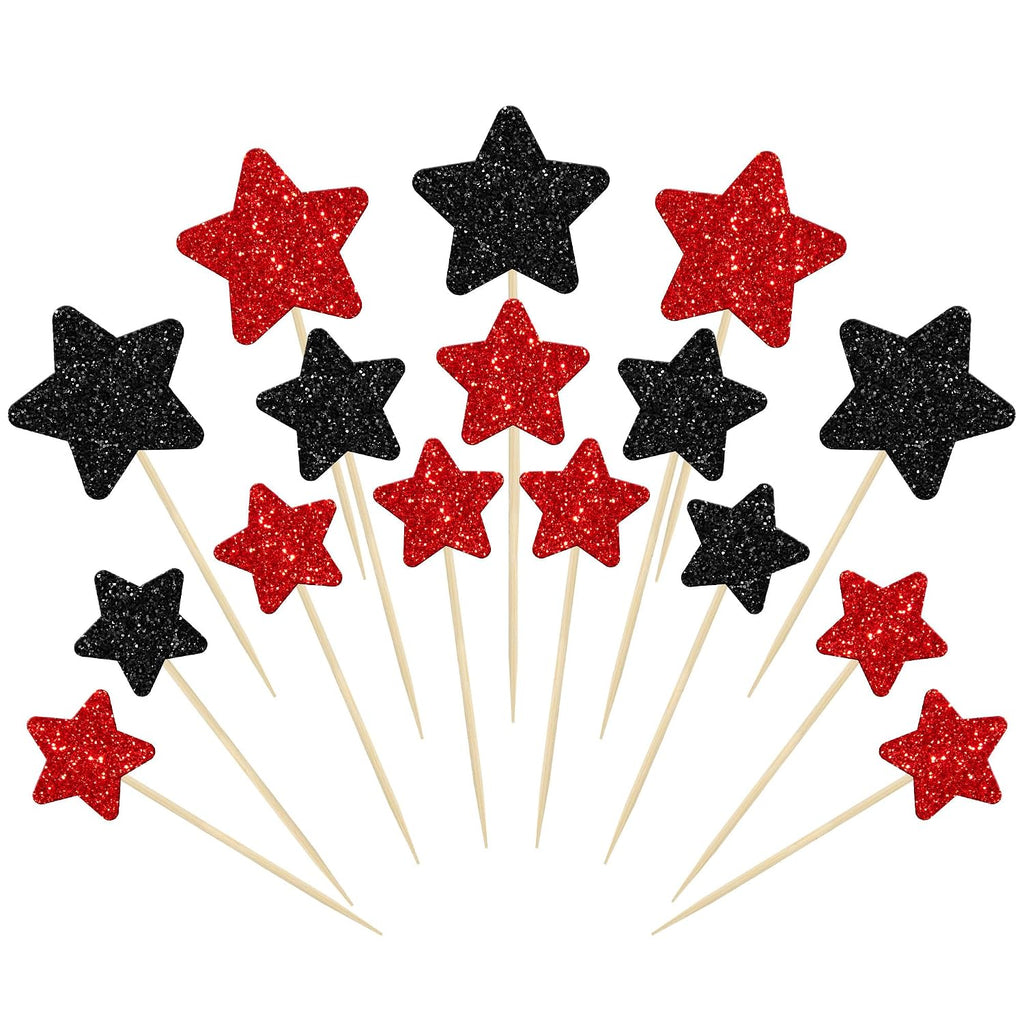 Gyufise 42Pcs Mixed Size Little Star Cupcake Toppers Glitter Twinkle Star Cupcake Picks Halloween Party Cake Decorations for Happy Halloween's Day Party Favors Supplies Black Red