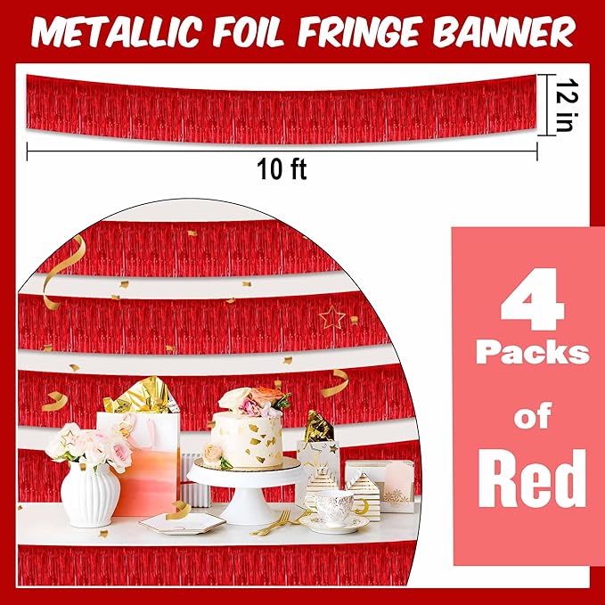 4 Pack 10 Ft Red Foil Fringe Garland Metallic Streamers Tinsel Banner Wall Hanging Garland Backdrop for Parade Floats, Halloween, Christmas, Thanksgiving, New Year Party Decorations