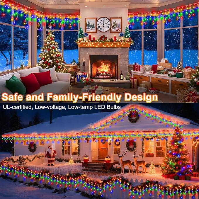 KNONEW Christmas Lights Outdoor Decorations 400 LED 33ft 8 Modes Curtain Fairy String Light with 75 Drops, Clear Wire LED String Light for Wedding Party Holiday Christmas Decorations Multicolor