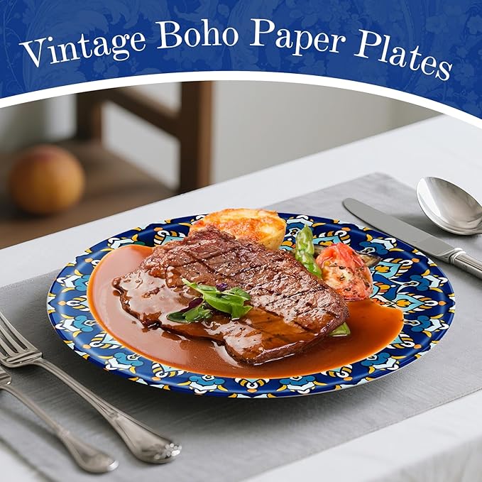 100 Count Boho Paper Plates (50×7"+ 50×9") – Disposable Plates for Party, Retro Bohemian Style Dessert Dinner Plate Set for Daily Use, Holiday, Wedding, Events