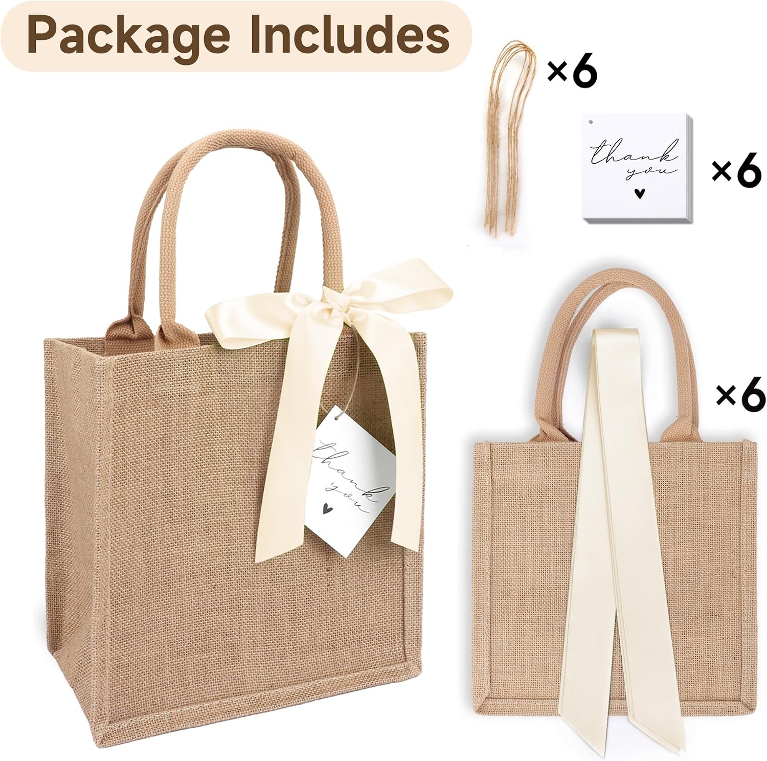 6 Pack Burlap Tote Bags with Handles Reusable Small Jute Gift Bags with Light Beige Silk Ribbons Waterproof Lining for Wedding Bridesmaid Mother's Day Bachelorette Beach Party
