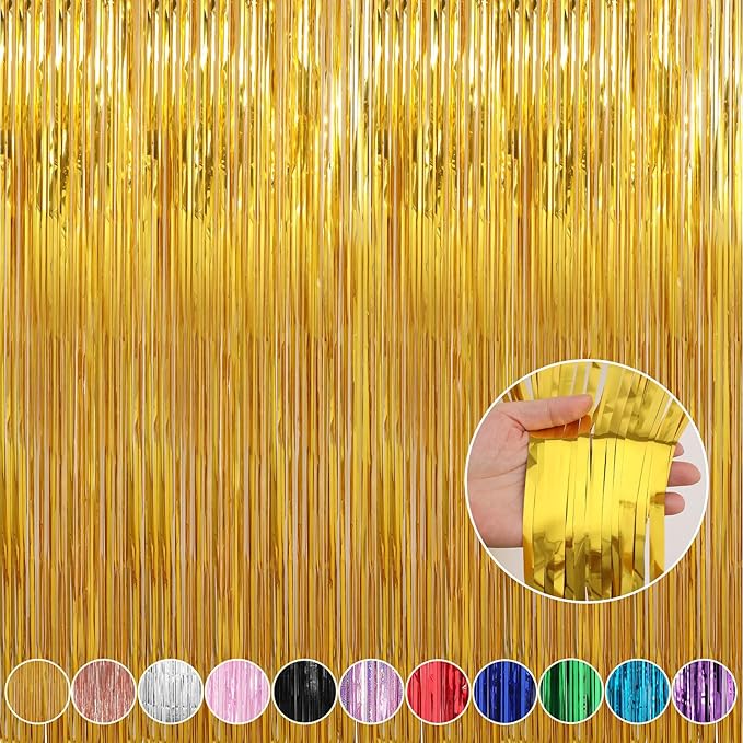 Crosize 4 Pack 3.3 x 9.9 ft Gold Foil Fringe Curtains Party Decorations, Gold Tinsel Curtain Backdrop for Parties, Door Streamers, Glitter Streamer Fringe Backdrop for Birthday Decoration