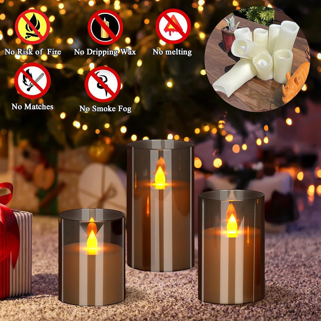 wemarry Flameless Candles 4" 5" 6" Acrylic Glass Pillars 3" Diameter Battery Operated Flickering Candles Include 8-Key Remote with Timer Function 400+ Hours (Gray, Warm Light 3 Pack)