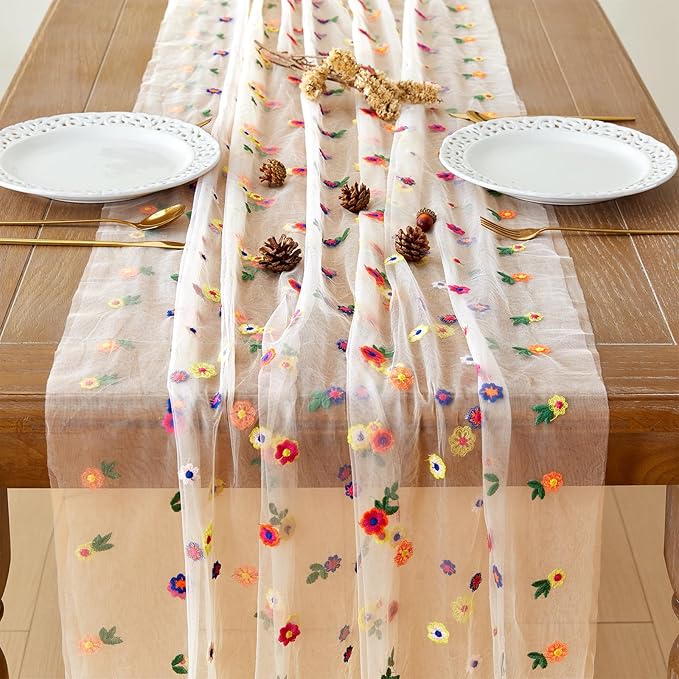 JIALE Champagne Floral Table Runner, Embroidery Daisy Seasonal Table Decorations, 120Inch 10FT 1PC Gold Tulle Fabric for Home Decor, Bridal Shower Wedding, Baby Shower Parties, DIY Craft