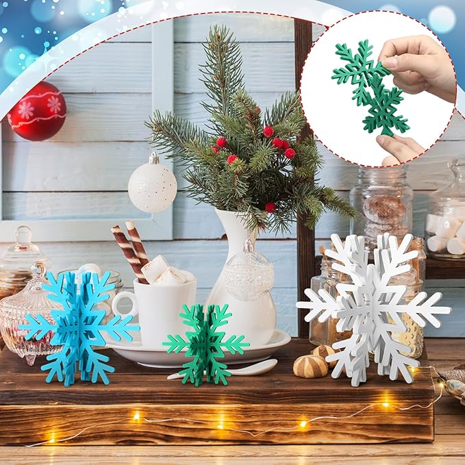 Bucherry 12 Pcs Wooden Snowflake Table Decor 3D Snowflake Tabletop Signs and Centerpiece for Christmas Xmas Winter Wonderland Decorations Home Party(White, Blue, Green)