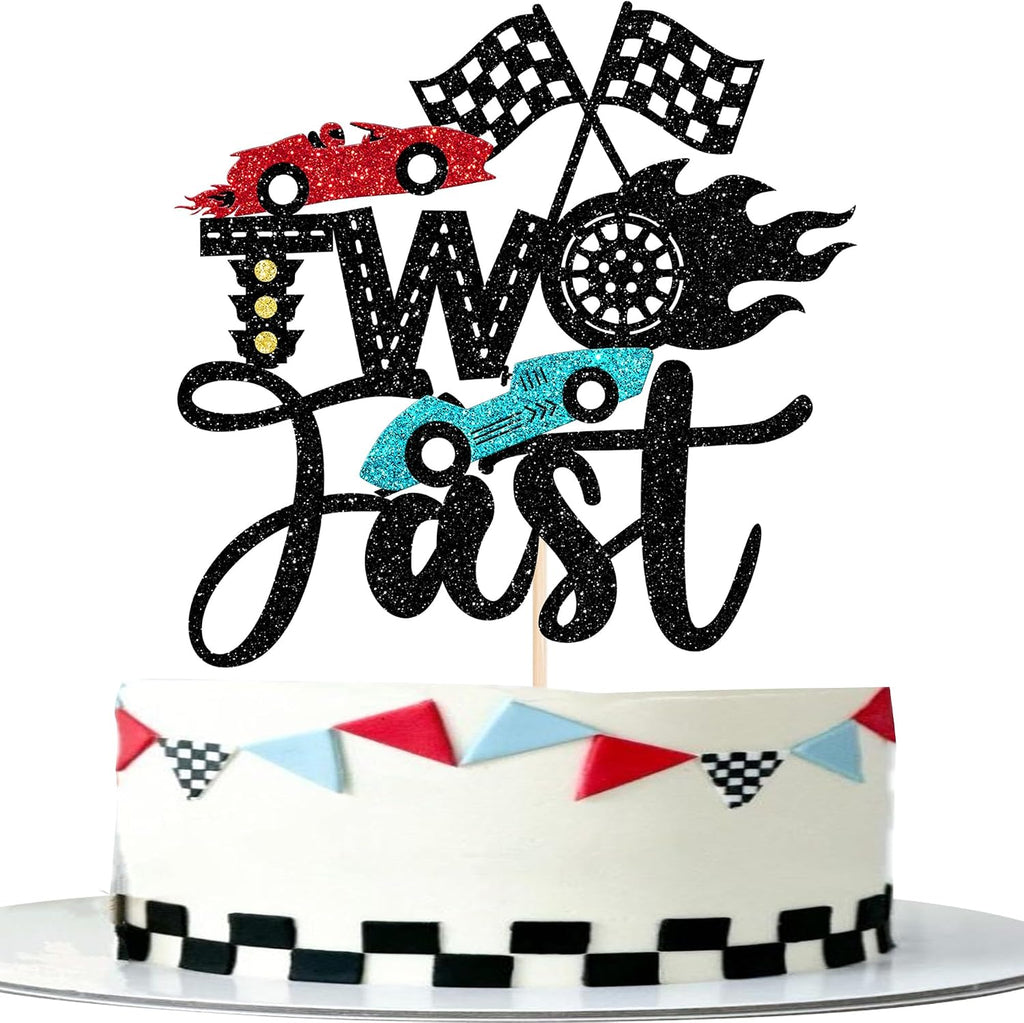 1 PCS Two Fast Cake Topper Glitter Checkered Flag Racing Car 2nd Cake Pick Cars Birthday Decorations for Let's Go Racing Car Boys Girls 2 Years Second Birthday Party Cake Decorations Supplies