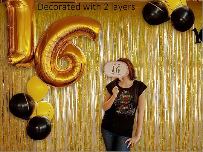 Foil Fringe Curtains Happy Retirement Decorations - Melsan 3 Pack 3.2 x 8.2 ft Gold Tinsel Curtain Party Photo Backdrop for Birthday Party Baby Shower or Graduation