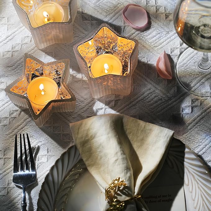 Letine 10pcs Frosted Silver Ribbed Star Candle Cups - Assorted Height Tea Light Candle Holders, Mercury Glass Votives for Wedding, Fall Table Centerpiece& Holiday Decorations (Tall 2.44", Short 1.57")