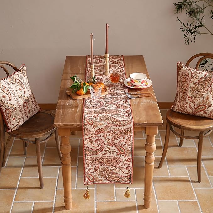 ISAENNE Designer Elegant Red Linen Table Runner 102 Inches Long,Vintage Paisley Pattern Durable Table Runners for Dining Tables,Thanksgiving,Kitchen Tables,Christmas,12"*102"-Chauffrey A