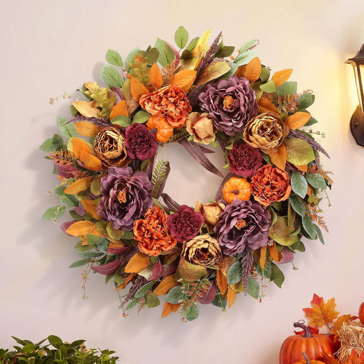 26 Inch Fall Wreath for Front Door, Large Autumn Harvest Wreath with Purple P...