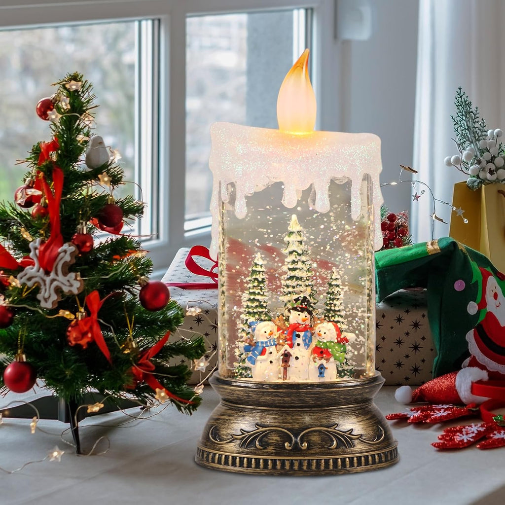 GenSwin Christmas Snow Globe Candle, Swirling Glittering Candle with Timer Music and 3 Snowman Scene, Winter Snow Shaped Lantern, USB/Battery Operated Candles for Christmas Indoor Decoration(8 Songs)