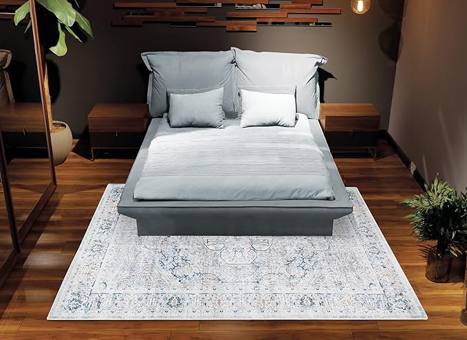 Bloom Rugs Washable Non-Slip 4' x 6' Rug - Cream/Light Blue/Teal Traditional Medallion Area Rug for Living Room, Bedroom, Dining Room, and Kitchen - Exact Size: 4' x 6'