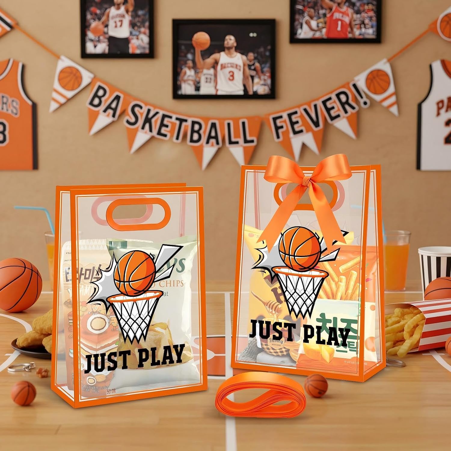 Aliceset 12 Pcs Basketball Clear Goodie Bag with Die Cut Handles and Ribbons Sport Theme Party Favor Bags for Basketball Team Snack Wrapping Teamer Gifts Birthday Party Treats Supplies, 7x10x3.15 Inch