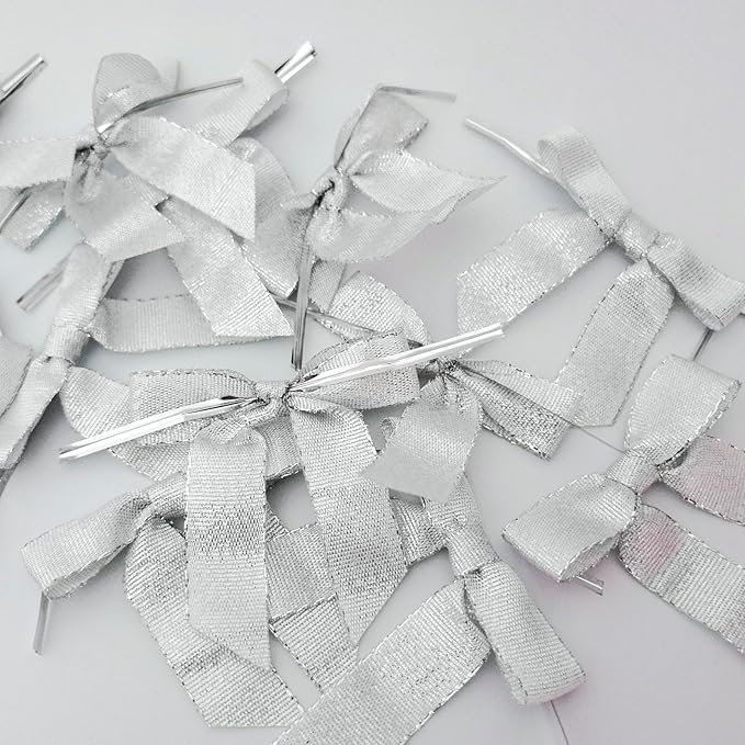 50pcs 2-1/2" Metallic Satin Silver Bows for Crafts Pretaied Christmas Bows with Twist Ties Hot Cut Tails for Christmas Decoration (Silver)