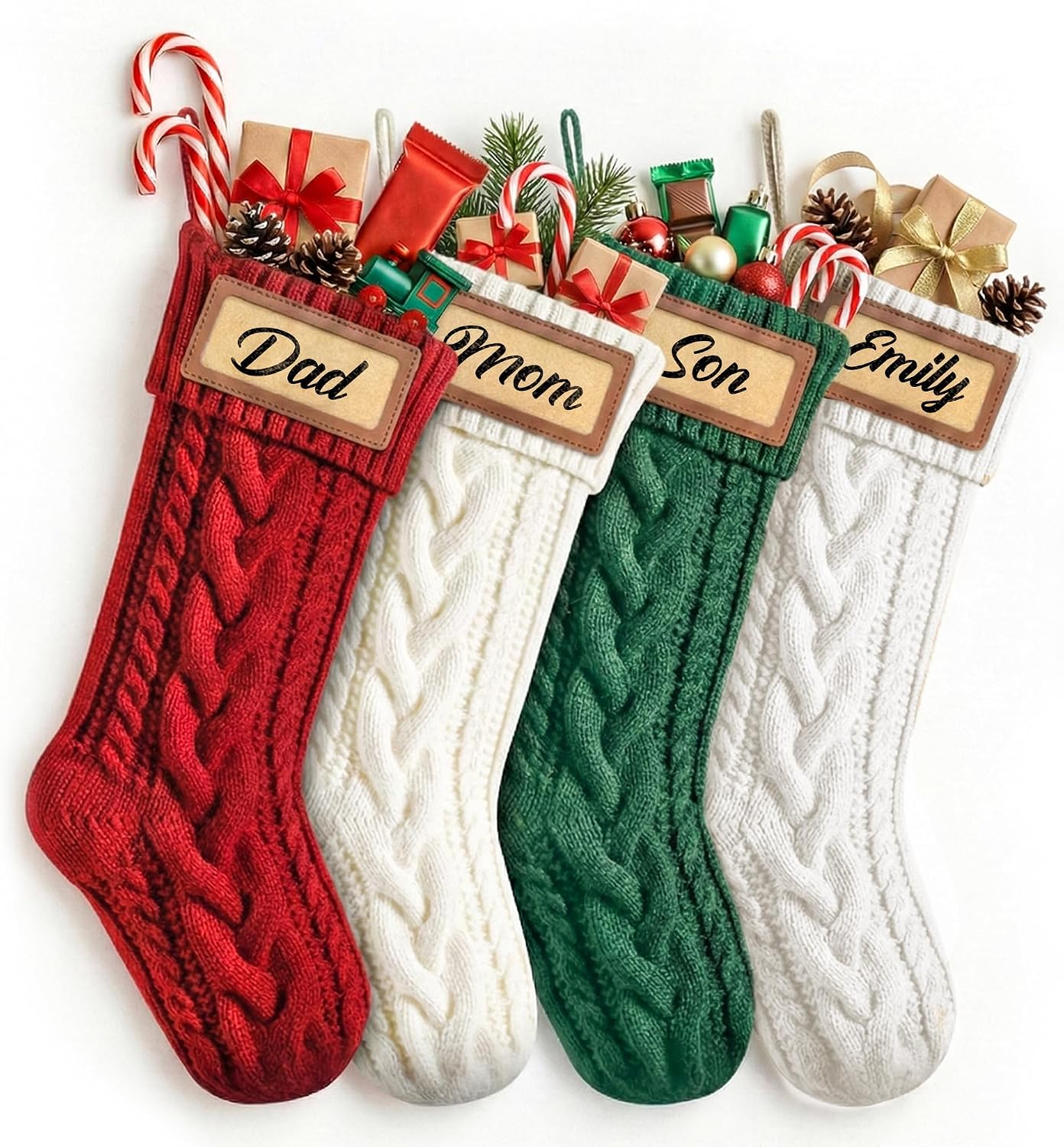 KAHF Personalized Christmas Stockings - 18” Large Luxury 4 Pack Knitted Xmas Stocking for Christmas with Custom Names Family Stockings for Kids Christmas Holiday Decor Fireplace Decoration