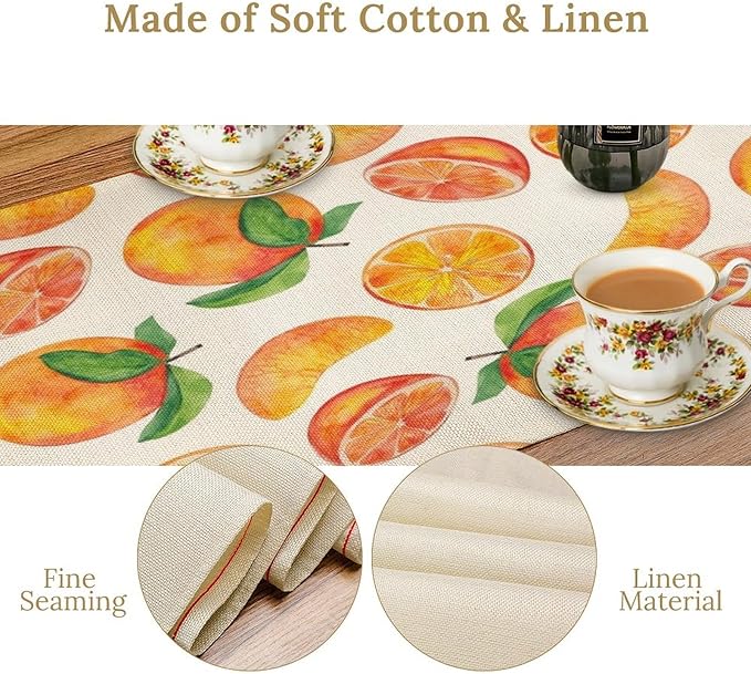 Watercolor Fruit Botanical Print Table Runner Spring Summer Orange Lemon Dinner Runner for Farmhouse Party Holiday Home Kitchen Dining Table Decor 13x36