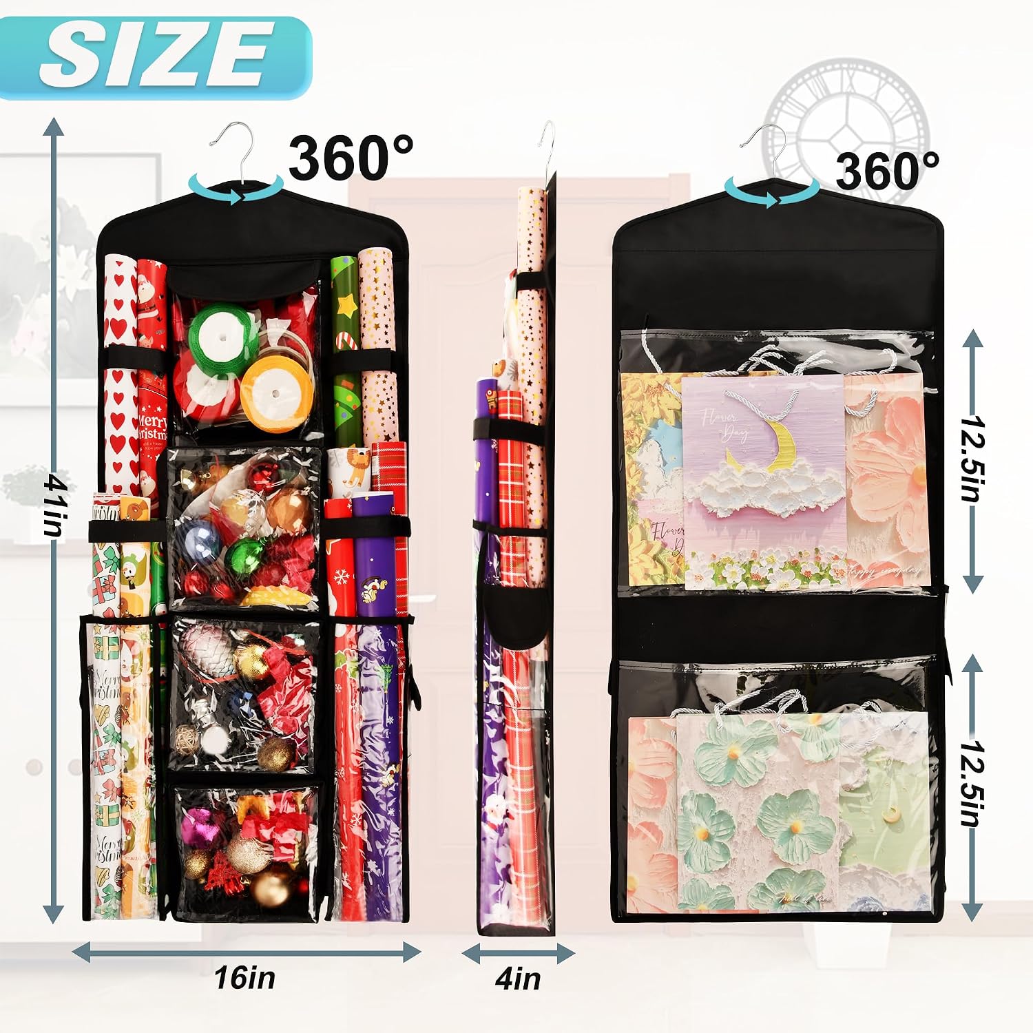 Wrapping Paper Storage Organizer, Double-Sided Gift Wrap Holder, 360° Rotating Gift Bag Storage Organizer for Your Craft, Accessories, Gift Warp Supply, Wrap Ribbon and Stationery