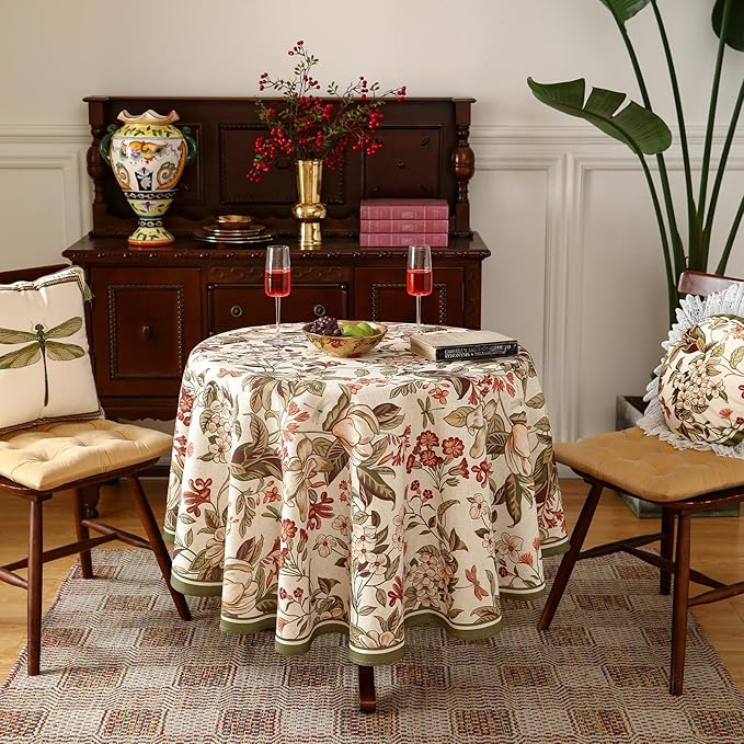 ISAENNE Designer Bohemian Linen Small Round Table Cloth,Colorful Floral Pattern Tablecloth,Wrinkle Resistant Decorative Tablecloths for Dining Thanksgiving Kitchen Party,Diameter 55"-Grace A