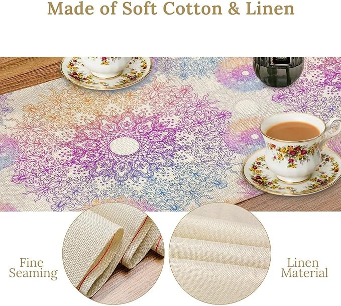 Oriental Mandala Table Runner, Traditional Bohemian Gradiently Purple Pink Blue Mandala Flower Table Runner for Farmhouse Cottage Kitchen Dining Table Decor, 13x36inch