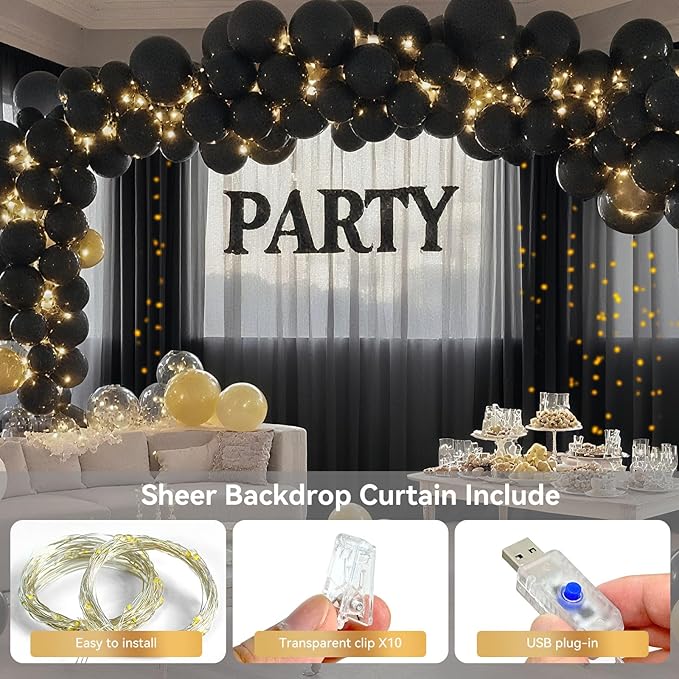 10×10ft Tulle Backdrop Curtains with Lights String - 300LED Fairy Lights Sheer Curtain Backdrop for Weddings Baby Shower and Birthday Party Decorations(6 Panels 5×10ft)