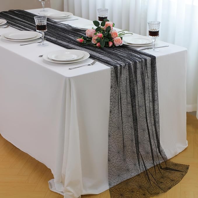 Snowkingdom Halloween Table Runner, 10 FT Black Spider Web Runners Metallic Sequin Sheer Chiffon Gauze Cheesecloth, Black Party Decorations for Halloween Kitchen Dinner Table Birthday Home Indoor