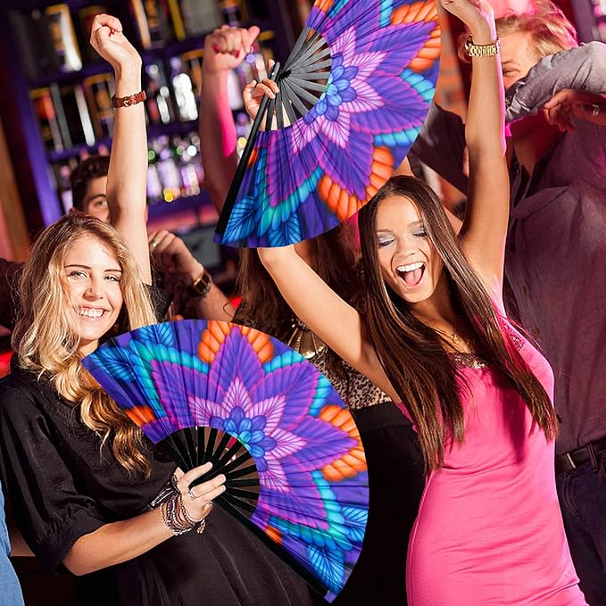 SYNTECSO Folding Hand Fan for Rave, UV Glow Fan, Large Bamboo Fan for Drag Queen, Women and Men Gift，Chinese Japanese Clack Fan for Parties, Music Festivals, EDM and Decoration