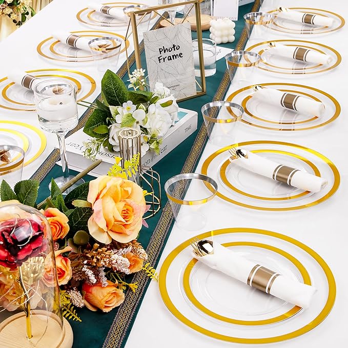 Rubtlamp 350 Pcs Clear Gold Plastic Plates, Disposable Dinnerware, Clear-Gold Plates Set Include 50 Dinner Platos 50 Dessert Platos, 50 Cups, 50 Pre Rolled Napkins with Cutlery Set for Party