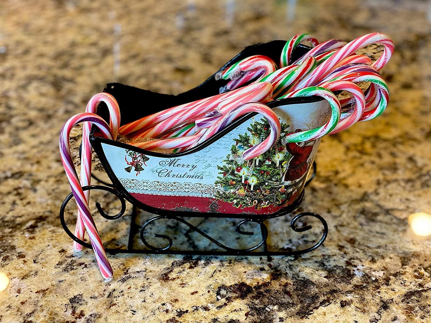 Christmas Sleigh Metal Ornament Small Candy Storage Gift Tabletop Centerpiece Mantel Fireplace (Multicolor Merry Christmas)