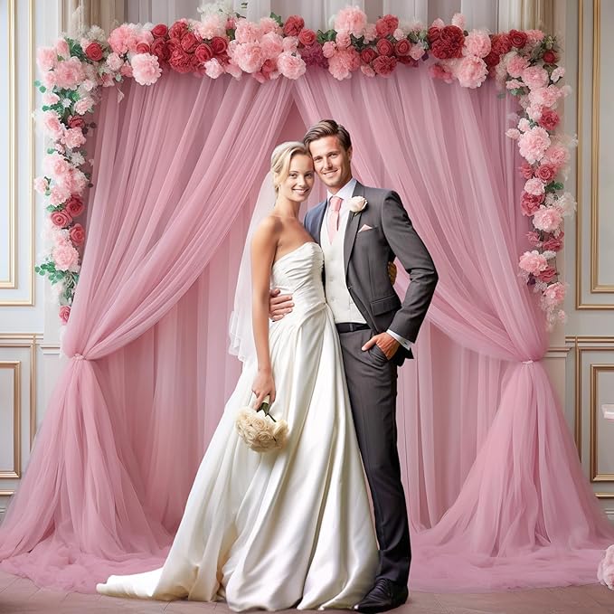 10x10ft Dusty Rose Tulle Backdrop Curtain for Parites, Sheer Backdrop Curtains for Wedding Baby Shower Birthday Party Photo Shoot Decorations