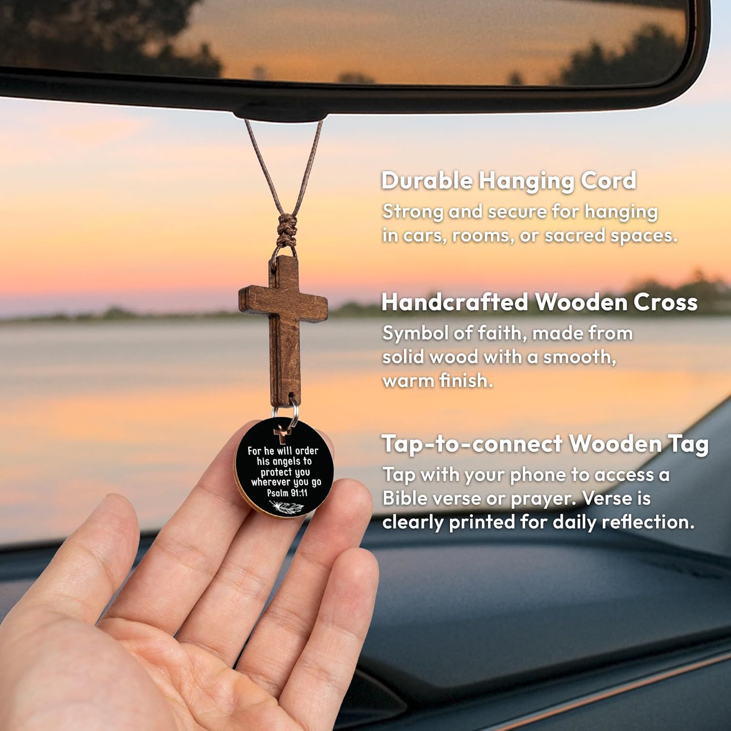 Christian Gifts for Men, Daily Bible Verse Cross for Car Mirror Hanging | Scan with Your Smartphone for a Daily Scripture, Wooden, 2,7"x1,2", Handmade, Durable