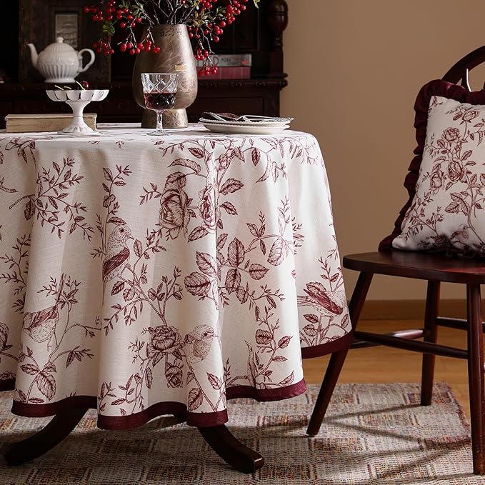 ISAENNE Designer Vintage Linen Round Tablecloth,Red Floral Pattern Linen Stain Resistant Table Cloth,Decor Tablecloths for Dining Thanksgiving Kitchen Christmas,Diameter 67"-Harmony