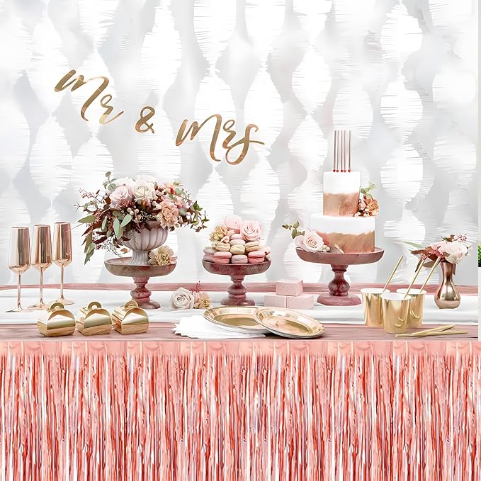 3 Pack 29x108 Inch Rose Gold Foil Fringe Table Skirts Metallic Banner for Tinsel Streamer Garland Backdrop for Parade Floats Wedding Thanksgiving Birthday Christmas Halloween Party Decoration