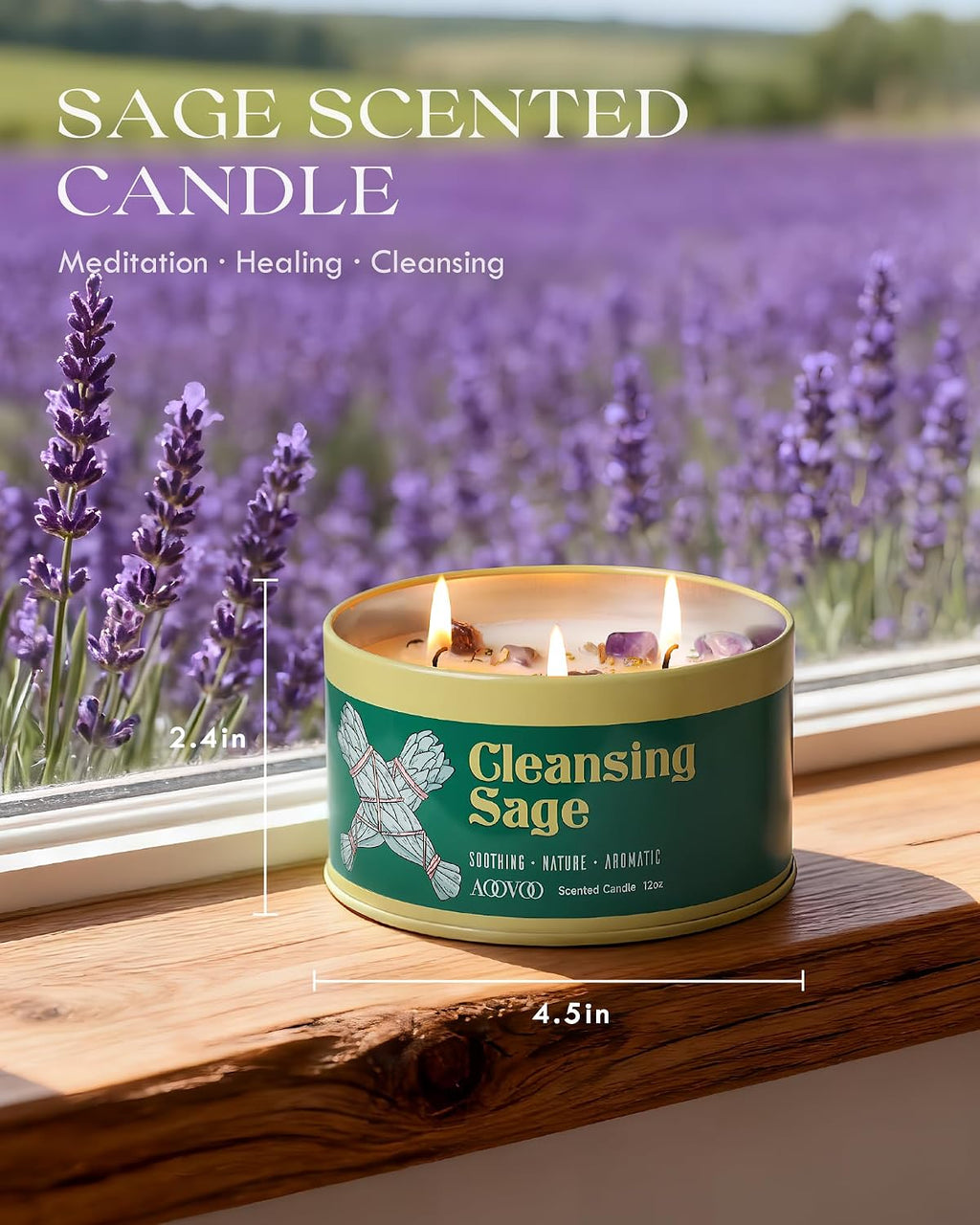 AOOVOO Sage Candle for Cleansing - 3 Wick 12oz Large Scented Candle with Crystals & Sage Leaves Inside, Soy Candles Non Toxic for Meditation Spiritual Gift, Aromatherapy Candle for Women Men