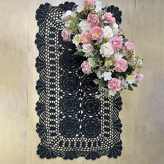 Phantomon Lace Table Runner Rectangular Table Cover Cloth Handmade Crochet Floral Placemats 100% Cotton (Floral Black, 15x28Inch)