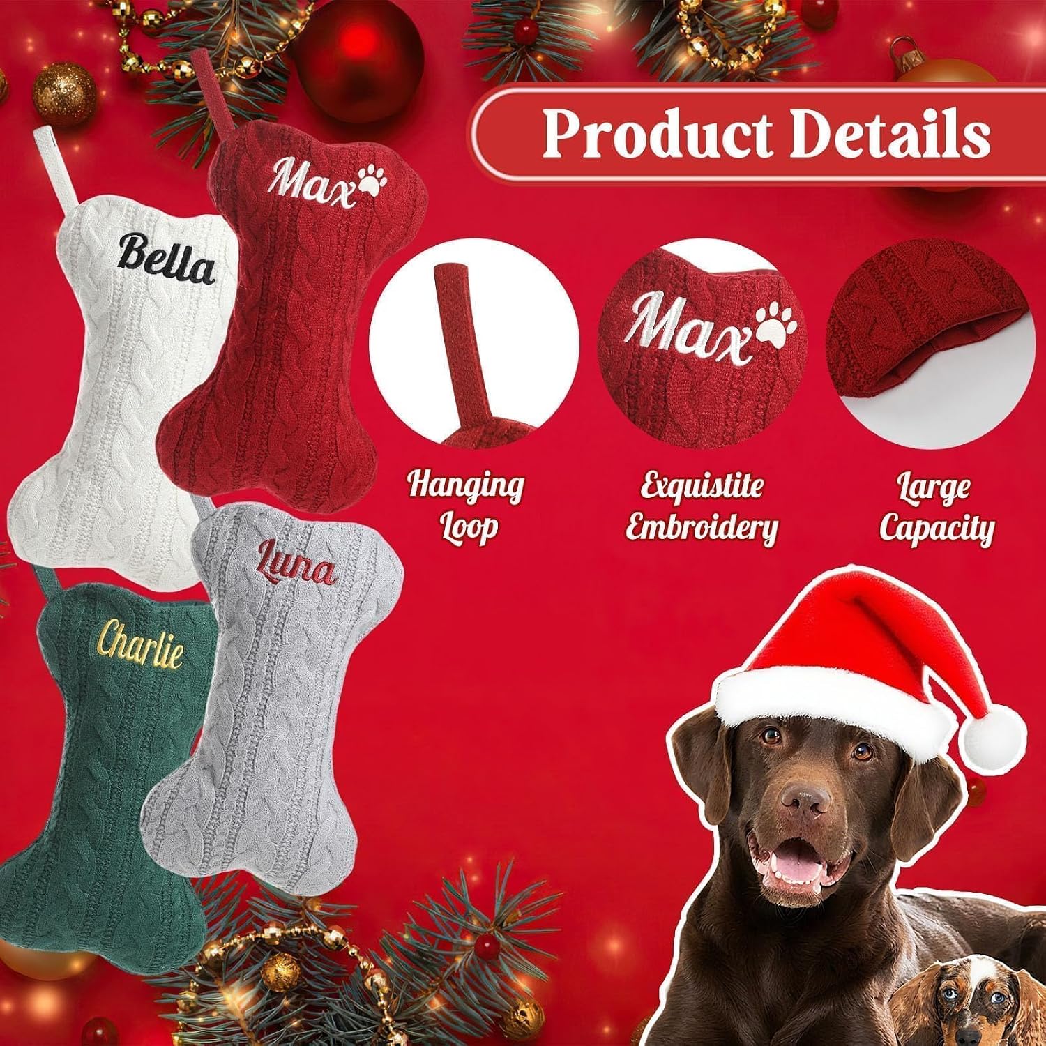 Personalized Dog Christmas Stockings - Custom Embroidered Pet Name & Bone Shape Stocking for Doggie, 15.7” Large Knit Monogram Xmas Stockings for Fireplace Holiday Decor Gift(1 Pack)