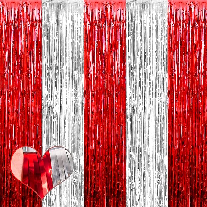 4 Pack 3.2Ft x 6.6Ft Red and Silver Fringe Curtain Backdrop, Metallic Tinsel Foil Fringe Streamers Curtains Background for Photo Booth Wedding Circus Welcome Carnival Birthday Party Decorations