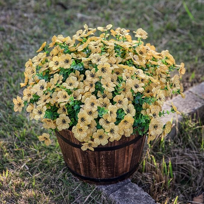 HyeFlora Artificial Fall Flowers Faux Mums for Outdoor Indoor Garden Home Decoration, Faux Flower Daisy with Eucalyptus Leaves Fake Plants Greenery Boxwood Porch Patio, 12 Bundles (Yellow)