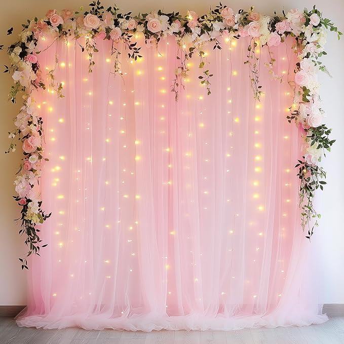 Fomcet Pink Tulle Backdrop Curtains with Lights String 10FT X 10FT Sheer Curtain with Lights Tulle Curtains Backdrop for Wedding Birthday Party Photo Shoot (2 Panels 5x10FT)