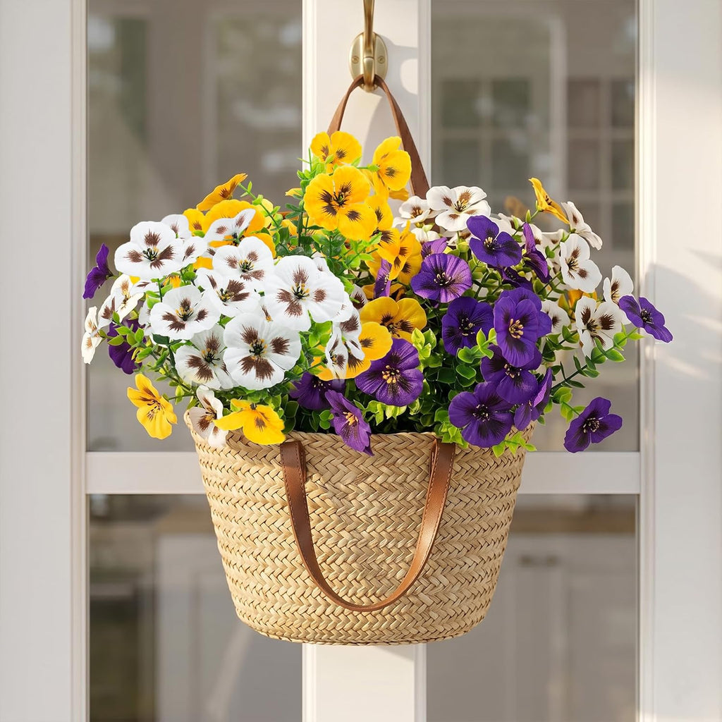Rowfad 18 Pcs Artificial Fake Pansy Flowers for Outdoor, Faux Silk Pansies Spring Flowers for Outside for Planter Front Door Porch Yard Patio Window Box Home Decor (18, Purple, Yellow, White)